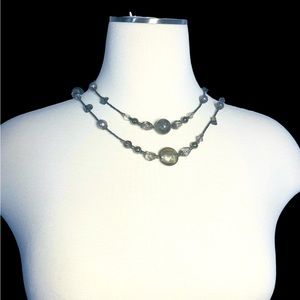 Multi-size stones Long Dark Beaded Silver/Gunmetal Tone Necklace